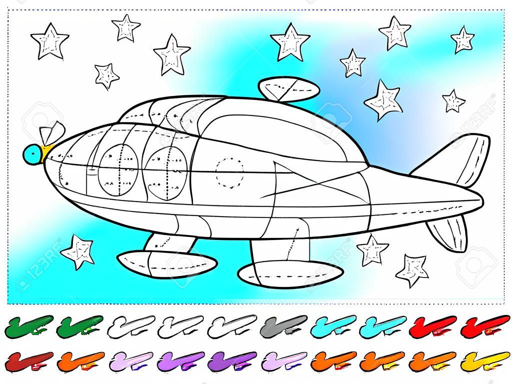 Matheunterricht für kleine Kinder. Malbuch. Mathematische Übungen zur Addition und Subtraktion. Lösen Sie Beispiele und malen Sie das Flugzeug. Zählfähigkeiten entwickeln. Druckbares Arbeitsblatt für Kinder.