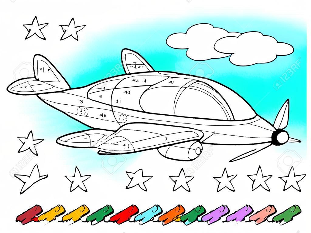 Matheunterricht für kleine Kinder. Malbuch. Mathematische Übungen zur Addition und Subtraktion. Lösen Sie Beispiele und malen Sie das Flugzeug. Zählfähigkeiten entwickeln. Druckbares Arbeitsblatt für Kinder.