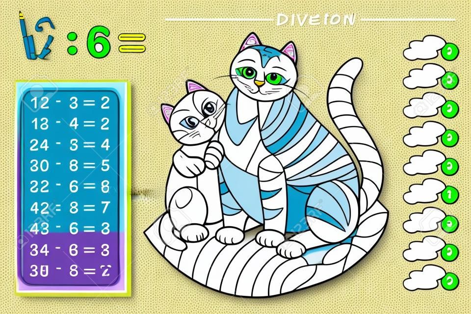 Esercizio per bambini con divisione per numero 6. Dipingi i gatti. Pagina educativa per il libro per bambini di matematica. Foglio di lavoro stampabile per libro di testo per bambini. Di nuovo a scuola. Test d'intelligenza. Illustrazione vettoriale.