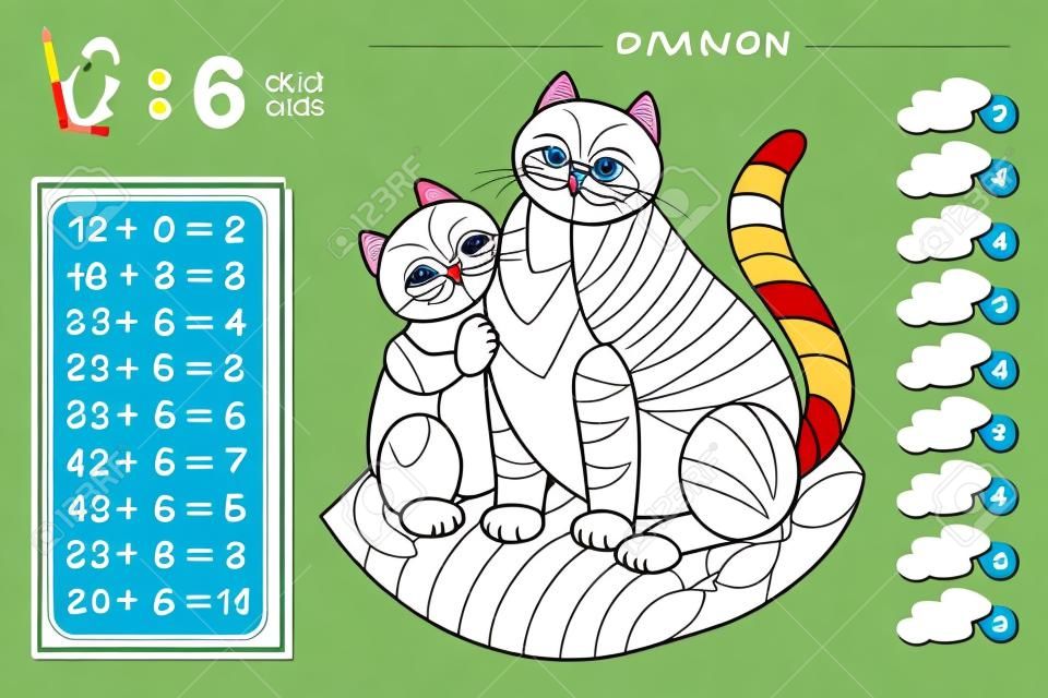 Exercice pour les enfants avec division par numéro 6. Peignez les chats. Page éducative pour le livre de bébé de mathématiques. Feuille de travail imprimable pour manuel pour enfants. Retour à l'école. Test de QI. Illustration vectorielle.