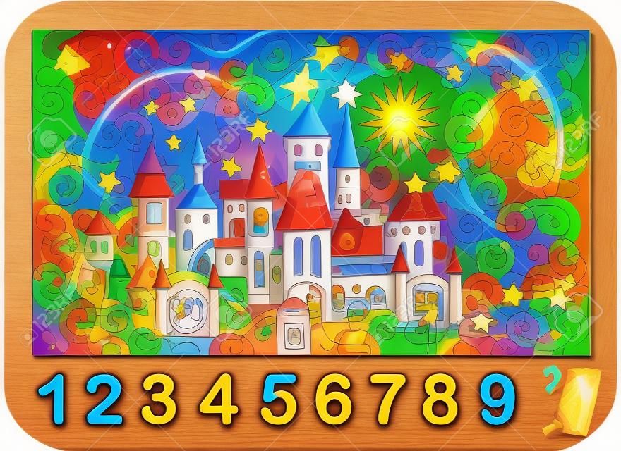 Logic puzzle game. Math education for young children. Find the numbers from 1 to 9 hidden in the picture and paint them. Coloring book. Developing counting skills. IQ test. Worksheet for kids.