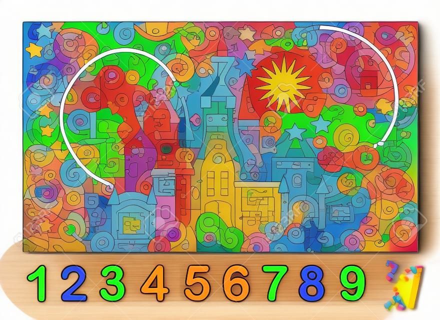 Logic puzzle game. Math education for young children. Find the numbers from 1 to 9 hidden in the picture and paint them. Coloring book. Developing counting skills. IQ test. Worksheet for kids.