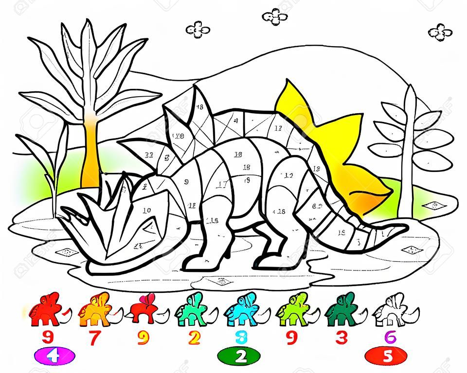 Wiskunde onderwijs voor kleine kinderen. Kleurboek. Wiskundige oefeningen op optellen en aftrekken. Los voorbeelden en verf de dinosaurus. Ontwikkelen van telvaardigheden. Werkblad voor kinderen.
