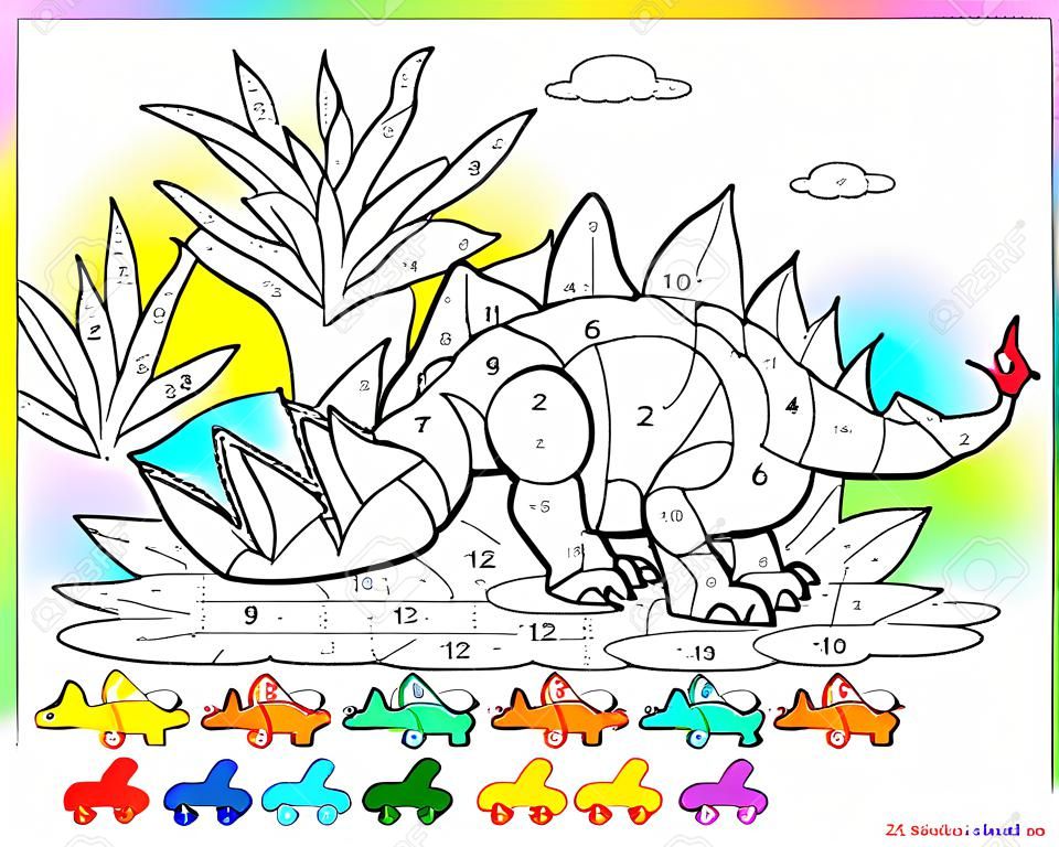Wiskunde onderwijs voor kleine kinderen. Kleurboek. Wiskundige oefeningen op optellen en aftrekken. Los voorbeelden en verf de dinosaurus. Ontwikkelen van telvaardigheden. Werkblad voor kinderen.