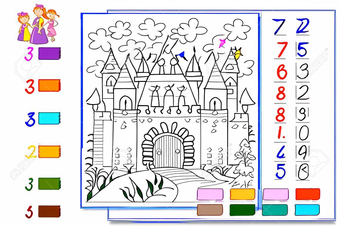 Multiplication table by 3 for kids. Math education. Coloring book. Solve examples and paint the picture. Logic puzzle game. Printable worksheet for children school textbook. Play online.