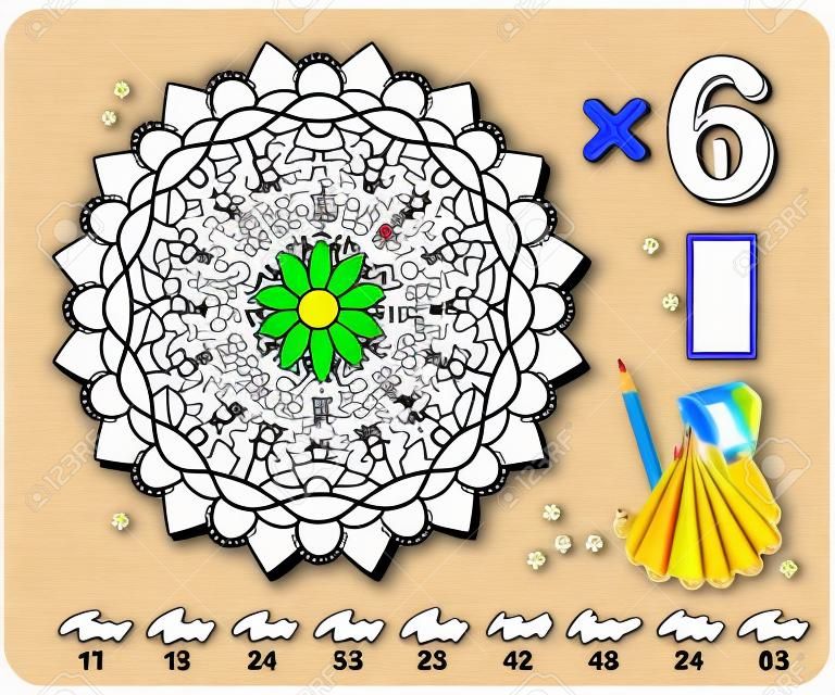 Multiplikationstabelle von 6 für Kinder. Mathematische Bildung. Malbuch. Löse Beispiele und male die Blume. Logik-Puzzle-Spiel. Druckbares Arbeitsblatt für Kinderschullehrbuch. Online spielen.