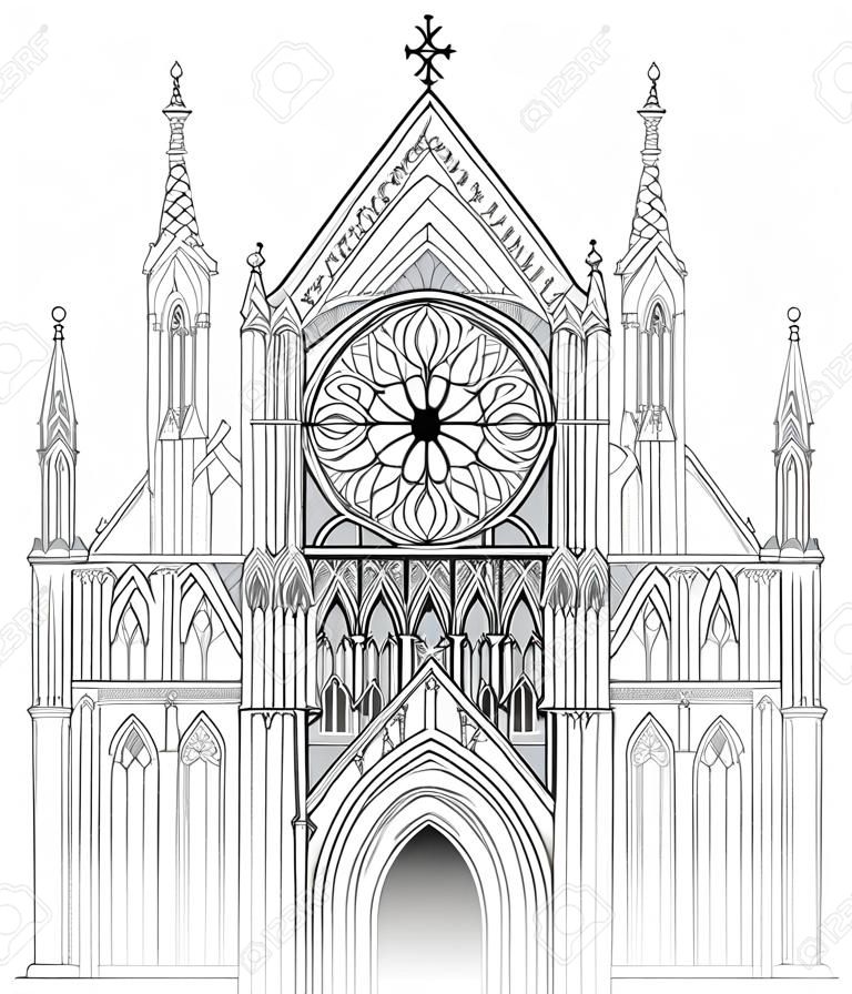 Illustration of medieval Gothic cathedral with beautiful stained glass windows and rose. Middle ages in Western Europe. Print for travel company. Black and white digital drawing. Vector image.