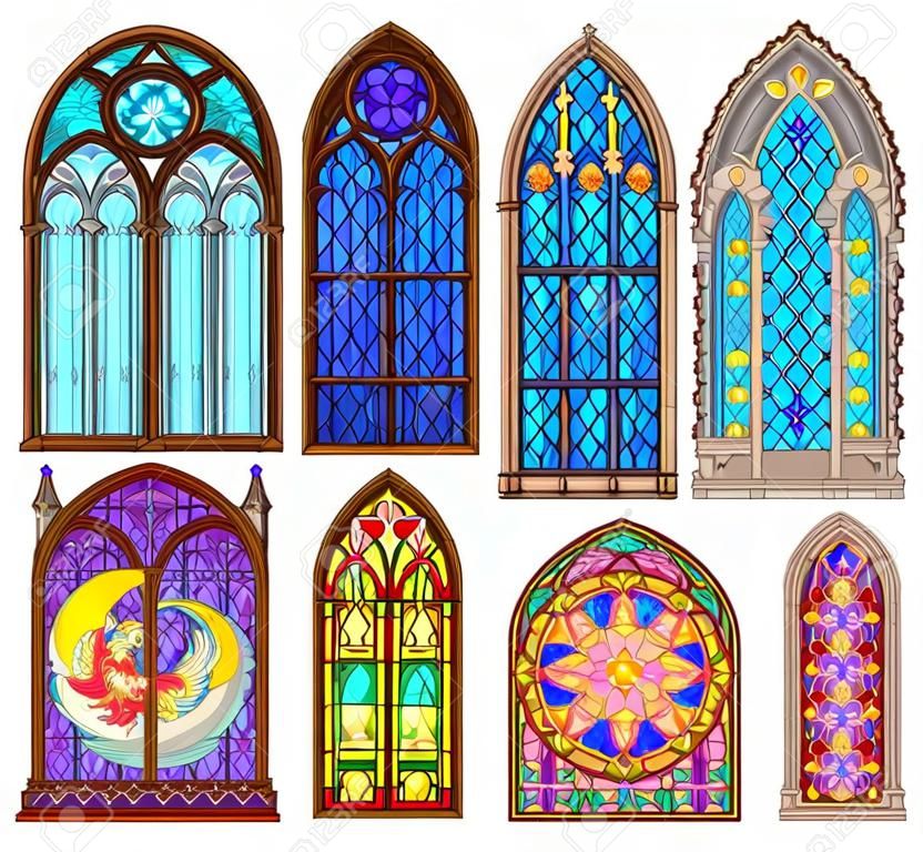 Conjunto de diferentes hermosas vidrieras de colores. estilo arquitectónico gótico con arcos apuntados. arquitectura en francia iglesias. impresión moderna. edad media en europa occidental. imagen vectorial