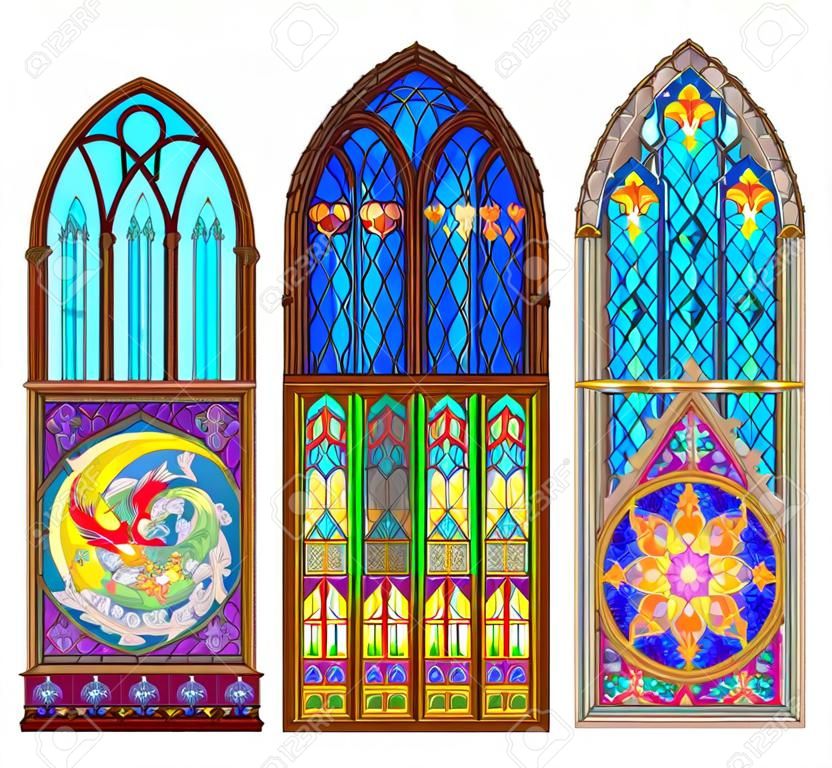 Conjunto de diferentes hermosas vidrieras de colores. estilo arquitectónico gótico con arcos apuntados. arquitectura en francia iglesias. impresión moderna. edad media en europa occidental. imagen vectorial
