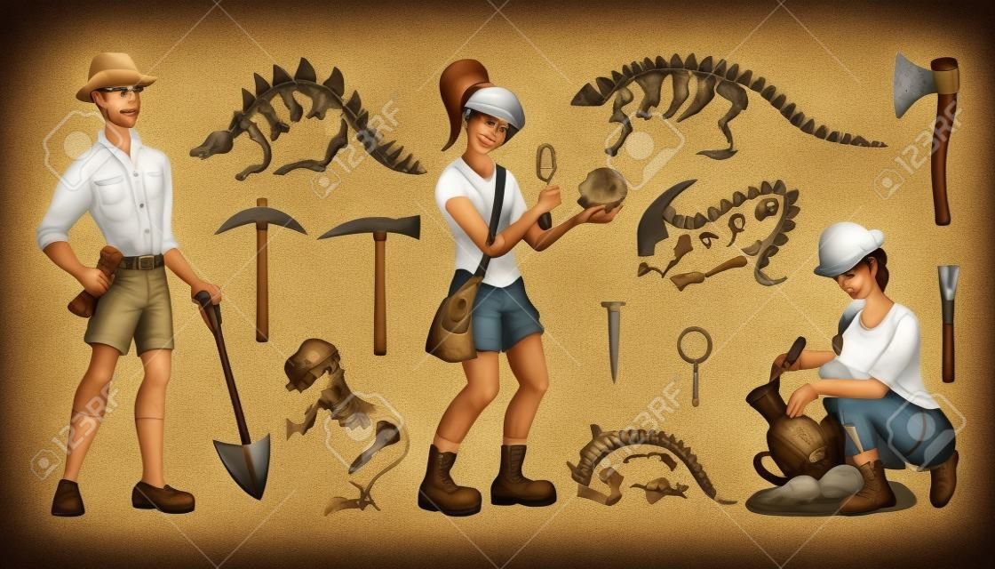 Archeology tools. Palaeontologist instrument. Archaeologists search skulls and antiquities. Person with dinosaur bone or vase. History instruments. Vector paleontology excavation set