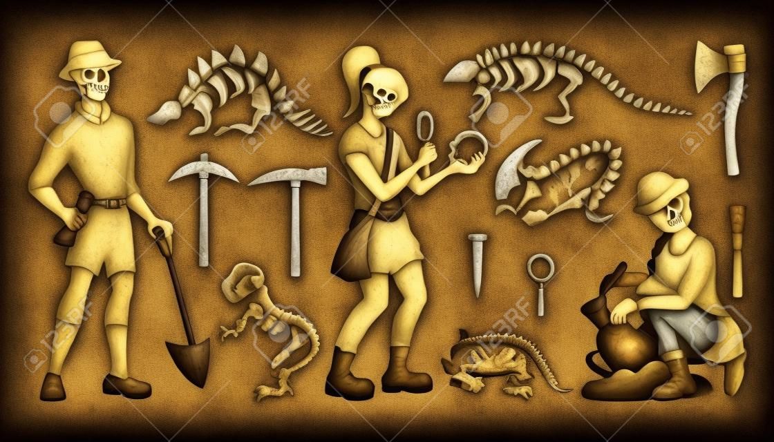 Archeology tools. Palaeontologist instrument. Archaeologists search skulls and antiquities. Person with dinosaur bone or vase. History instruments. Vector paleontology excavation set