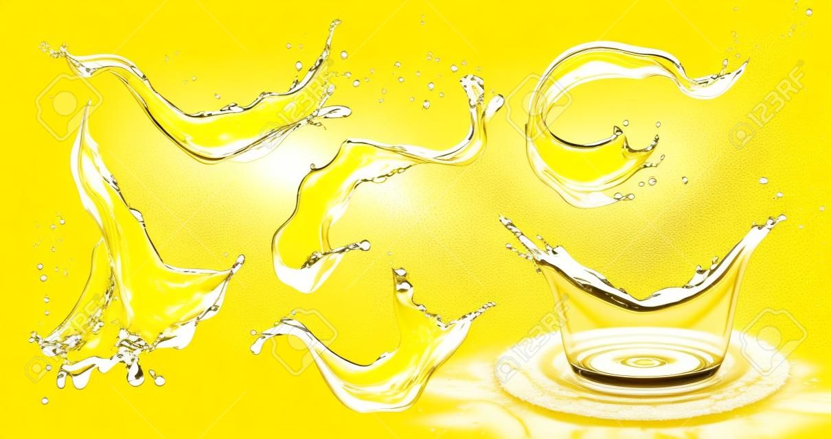 Yellow splash. Oil motion, lemon or pineapple juice, beer drip and drops. Liquid splashing, 3d water waves, advertising soda drink or honey. Realistic elements for design. Vector isolated set