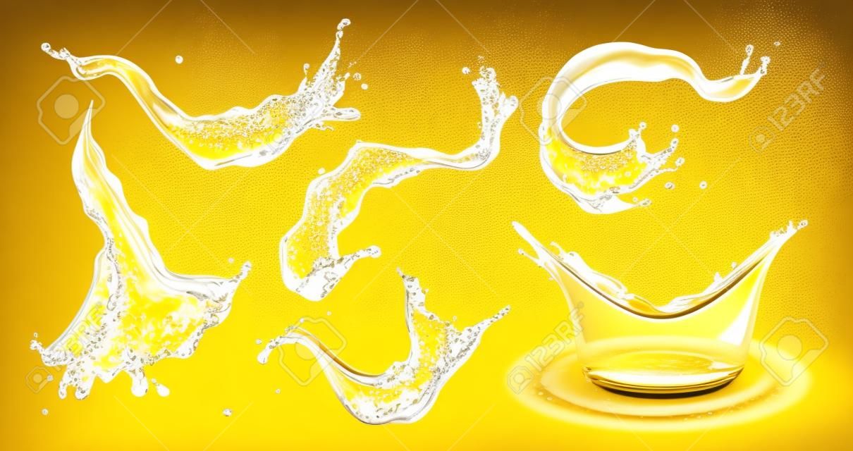 Gelber Spritzer. Ölbewegung, Zitronen- oder Ananassaft, Biertropfen und Tropfen. Flüssigkeitsspritzer, 3D-Wasserwellen, Werbung für Limonade oder Honig. realistische Elemente für das Design. Vektor isolierter Satz