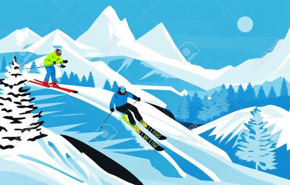 Mountain snow skier. Winter slalom. Adventures and action in Alps. Cold blue ice. Downhill landscape. Pines and scenic peaks. Ski race. Outdoor sport. Vector flat exact illustration