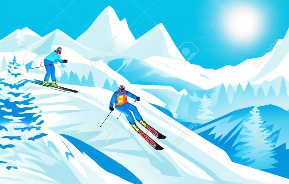 Sciatore di neve di montagna. slalom invernale. avventure e azione nelle alpi. ghiaccio blu freddo. paesaggio in discesa. pini e cime panoramiche. gara di sci. sport all'aperto. vettore piatto illustrazione esatta