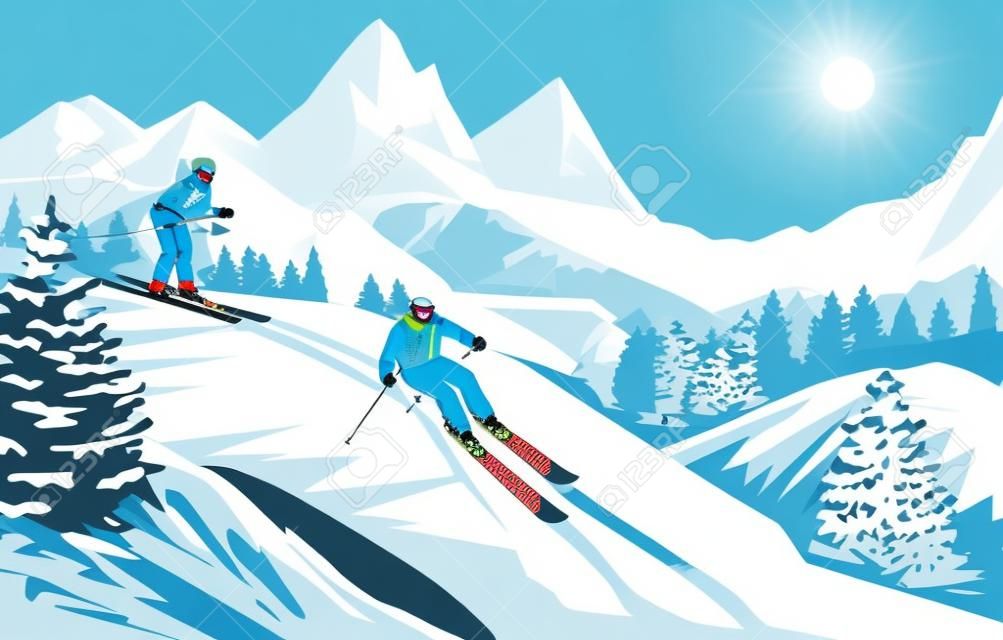 Mountain snow skier. Winter slalom. Adventures and action in Alps. Cold blue ice. Downhill landscape. Pines and scenic peaks. Ski race. Outdoor sport. Vector flat exact illustration