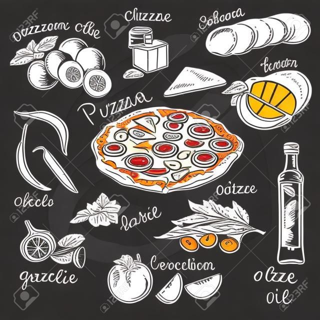 El vector illustration çizilmiş. Pizza seti. Vintage. Sketch. Kara Tahta.