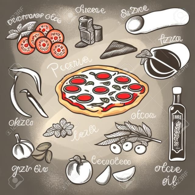 Illustrazione vettoriale disegnato a mano Set per pizza Vintage ?. Schizzo. Lavagna.