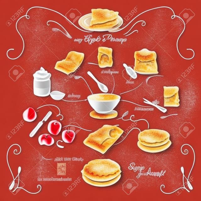 Proste Szarlotka przepis. Krok po step.Hand rysowane ilustracji z jabłek, jajek, mąki, cukru. Domowe ciasto, deser.