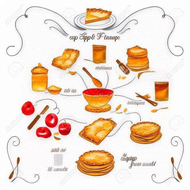 簡單的蘋果派食譜。一步step.Hand繪製的插圖與蘋果，雞蛋，麵粉，糖。自製蛋糕，甜點。