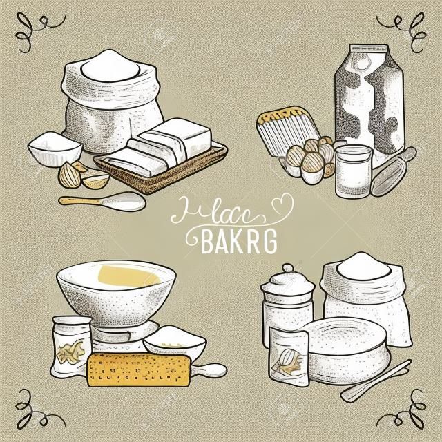 Vector disegnato a mano prodotti da forno set. Illustrazione dell'annata con il latte, lo zucchero, la farina, la vaniglia, uova, mixer, il lievito, a rotazione, frusta, cucchiaio baccello di vaniglia, il burro e il piatto da cucina.