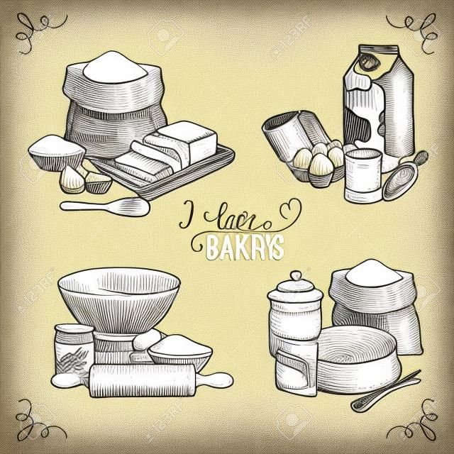 Ilustração vintage com leite, açúcar, farinha, baunilha, ovos, misturador, fermento em pó, rolo, batedor, colher de feijão de baunilha, manteiga e prato de cozinha.
