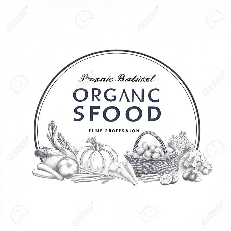 Vector de fondo con dibujado a mano alimentos orgánicos. Vegetales y frutas especias ilustración.