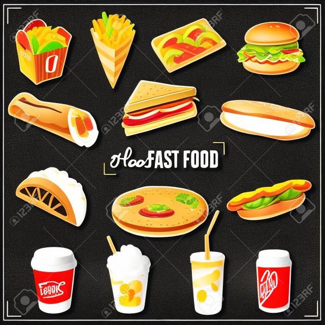 Vector set di fast food. Illustrazione vettoriale in stile schizzo. Elementi di design disegnati a mano. Lavagna