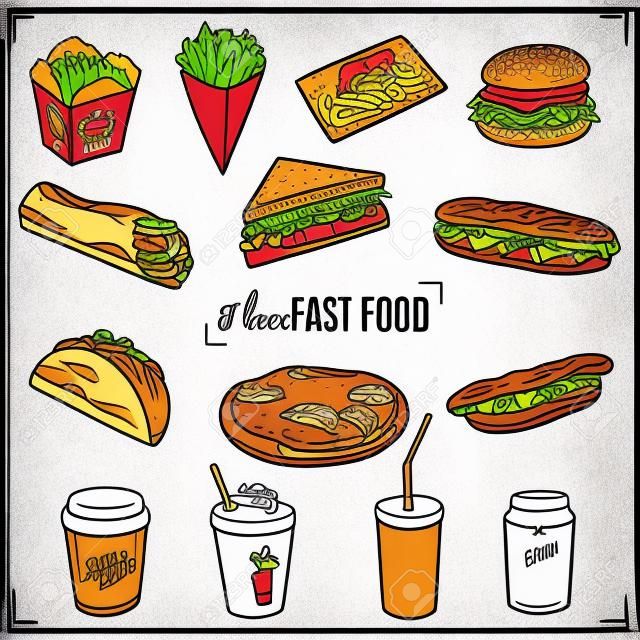 Vector set di fast food. Illustrazione vettoriale in stile schizzo. Elementi di design disegnati a mano. Lavagna