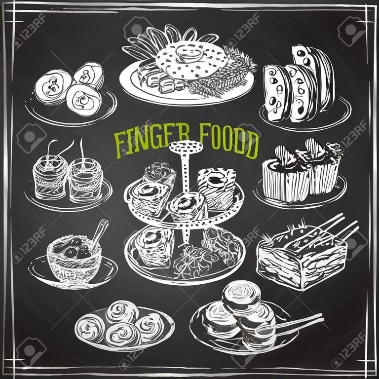 Beautiful vector hand drawn finger food Illustrations. Detailed retro style images. Vintage sketch elements for labels, packaging and cards design. Modern background. Chalkboard