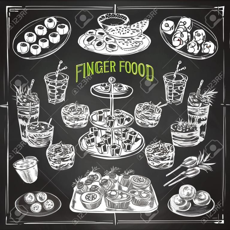 Beautiful vector hand drawn finger food Illustrations. Detailed retro style images. Vintage sketch elements for labels, packaging and cards design. Modern background. Chalkboard