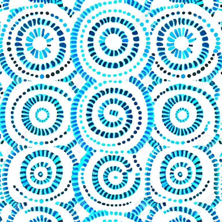 藍色和白色澳大利亞土著藝術的幾何同心圓無縫模式，背景