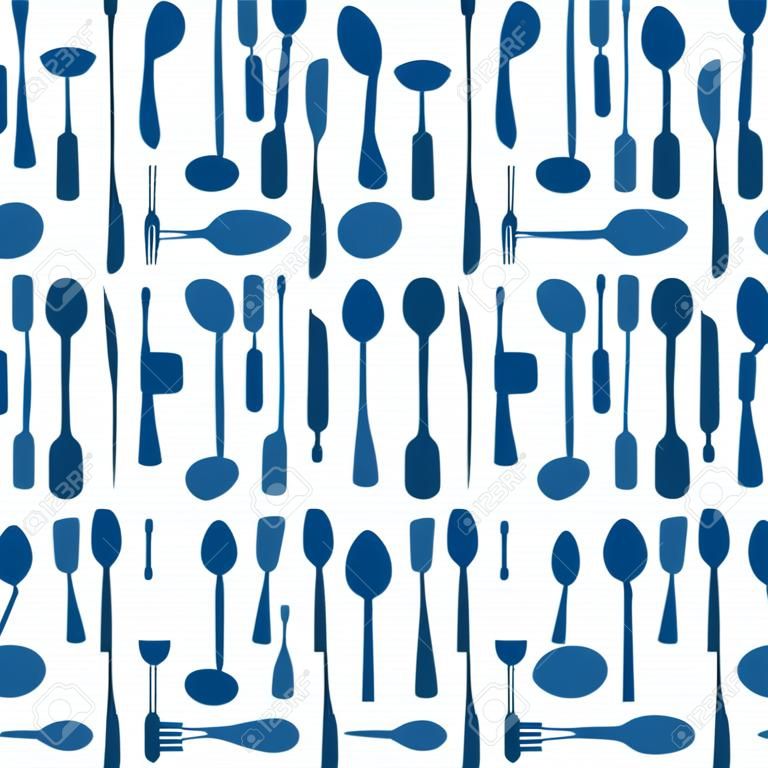 青と白のフォークスプーンとクナイドシームレスなパターン、ベクトルの背景
