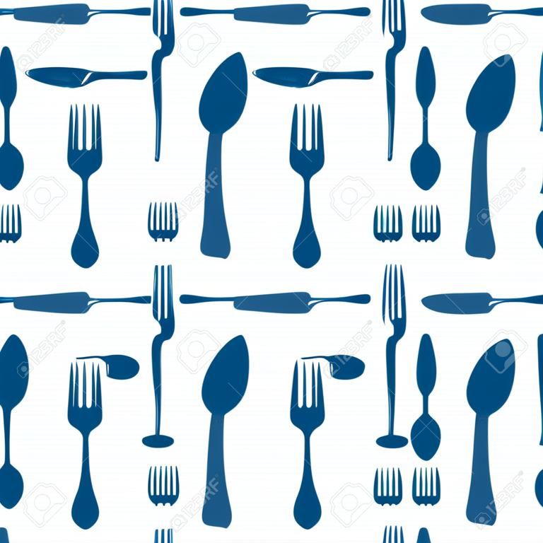 Blue and white fork spoon and knide seamless pattern, vector background