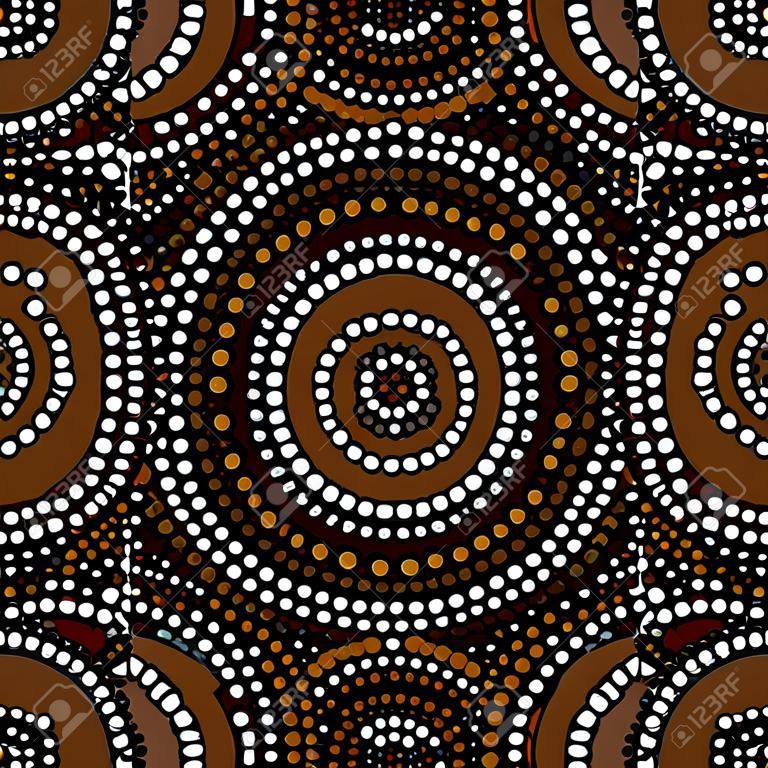Australian aboriginal dot art circles abstract geometric seamless pattern in brown black and white, vector background