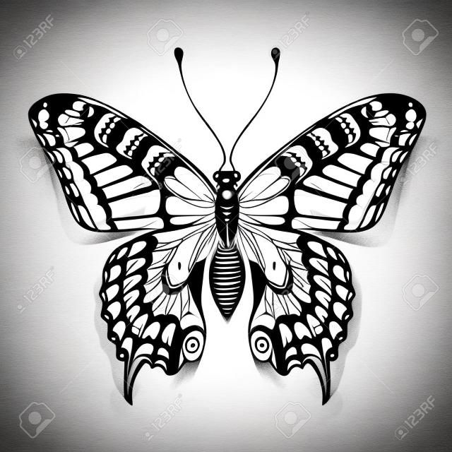 Tatuagem arte borboleta para design e decoração. Borboleta realista com sombra. Esboço de vetor de borboleta.