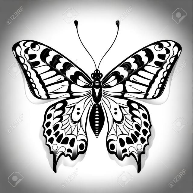 Tatuagem arte borboleta para design e decoração. Borboleta realista com sombra. Esboço de vetor de borboleta.