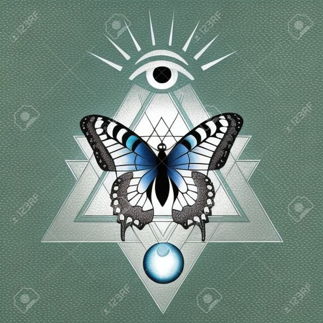 Tatuagem de borboleta sacral e design de camiseta. Borboleta no triângulo, no topo é olho que tudo vê de Hórus e lua abaixo.