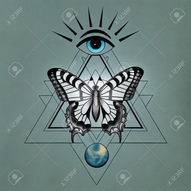 Tatuagem de borboleta sacral e design de camiseta. Borboleta no triângulo, no topo é olho que tudo vê de Hórus e lua abaixo.