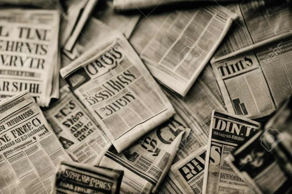 Lots of old newspapers on the table, top view. Blurred background texture