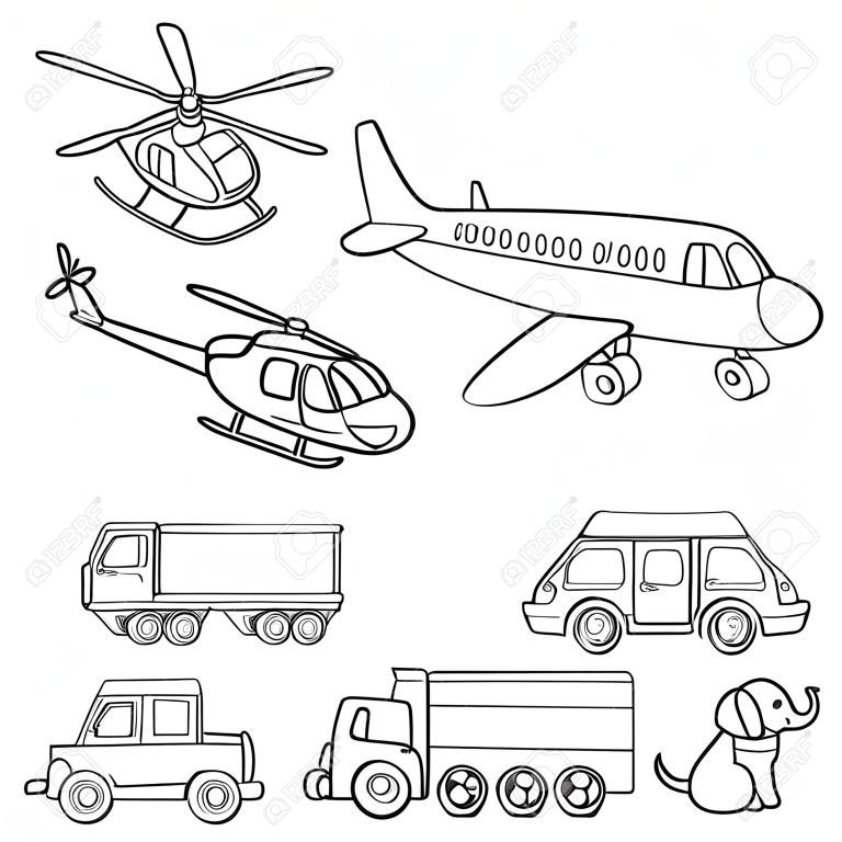 各种颜色的玩具书，包括直升机、玩具、大象、汽车、卡车、火车和小狗卡通插图。