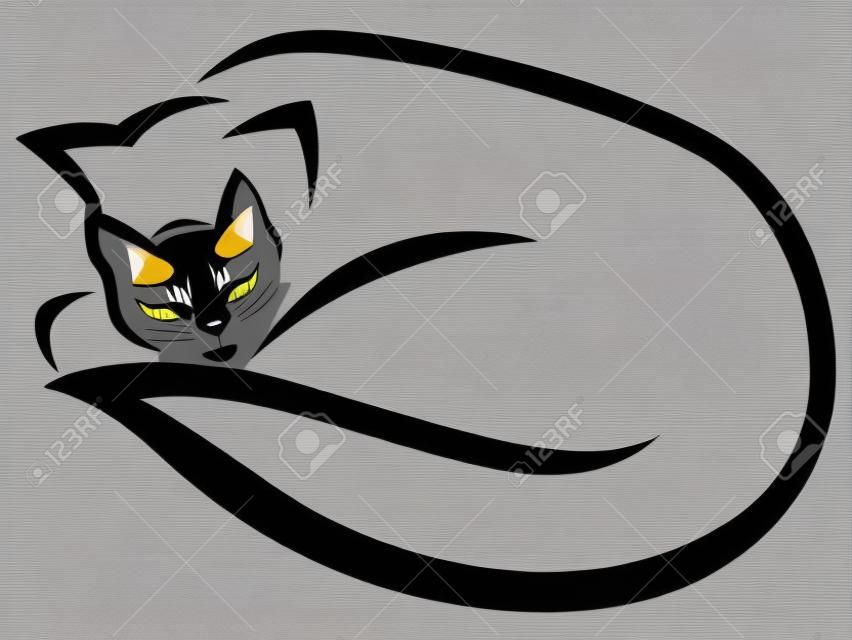 程式化撒謊和睡眠黑貓孤立的白色背景，卡通插圖