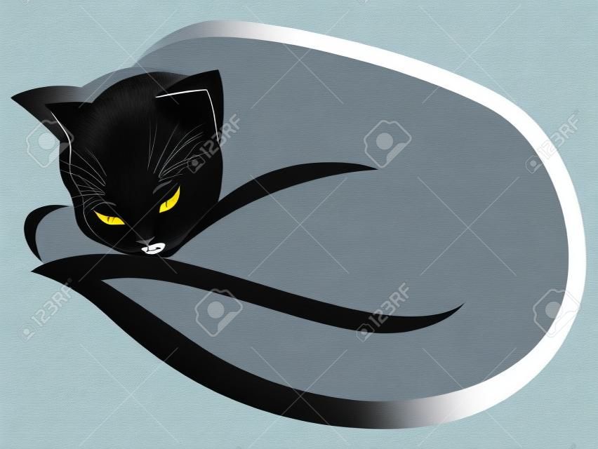 mentira estilizada y durmiendo gato negro aislado en el fondo blanco, ilustración de dibujos animados