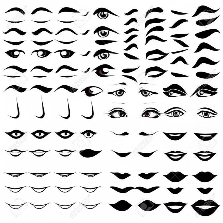 Großer Satz verschiedene menschliche Augen, Nasen und Lippen, Vektorgestaltungselemente lokalisiert über Weiß