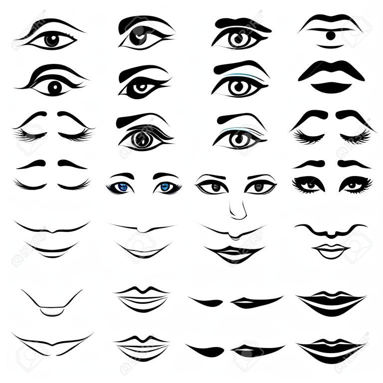 Großer Satz verschiedene menschliche Augen, Nasen und Lippen, Vektorgestaltungselemente lokalisiert über Weiß
