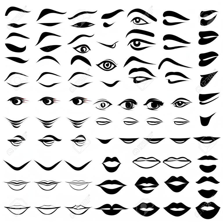 Big set of various human eyes, noses and lips, vector design elements isolated over white