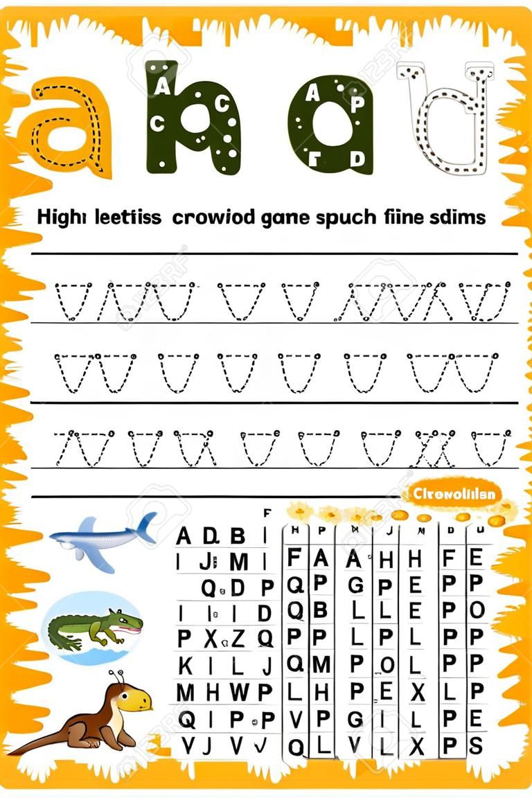 planilha educacional para crianças que aprendem o alfabeto inglês. Handwriting e jogo de palavras cruzadas para memorizar palavras. Letra A