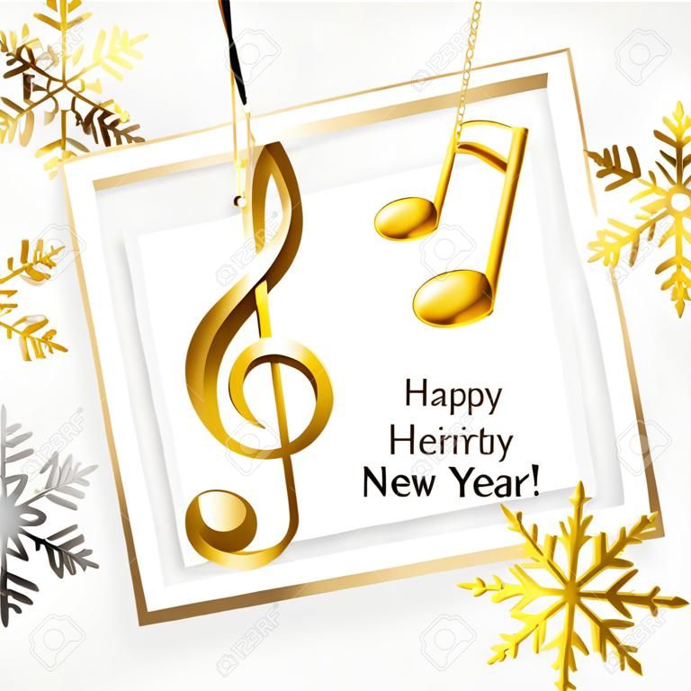 Abstrakter Hintergrund des neuen Jahres mit musikalischen Anmerkungen, Violinschlüssel und Schneeflocken
