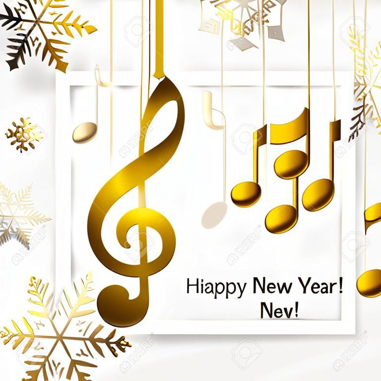 Abstrakter Hintergrund des neuen Jahres mit musikalischen Anmerkungen, Violinschlüssel und Schneeflocken