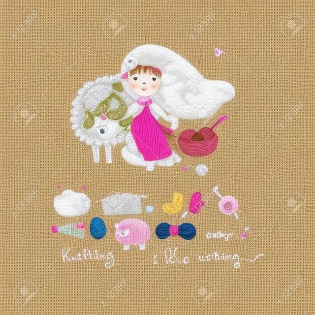 Knitting girl and a cute cartoon sheep. Handmade things.